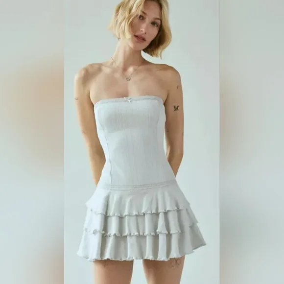 UO Mira Perfect Pointelle Drop Waist Strapless Romper Light Blue - Picture 1 of 4